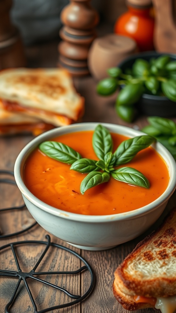 A bowl of creamy tomato soup with basil, served with a grilled cheese sandwich on a wooden table.